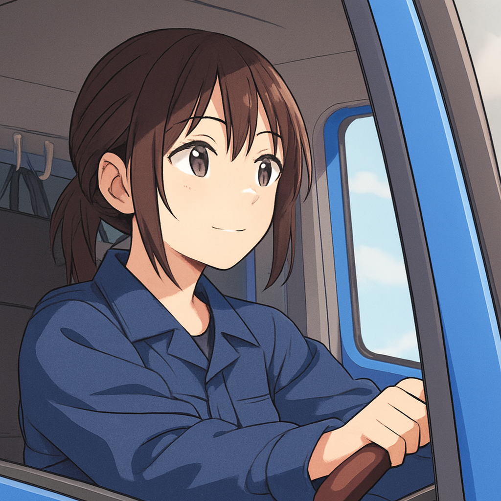 トラックの運転席に座る青い制服のドライバ